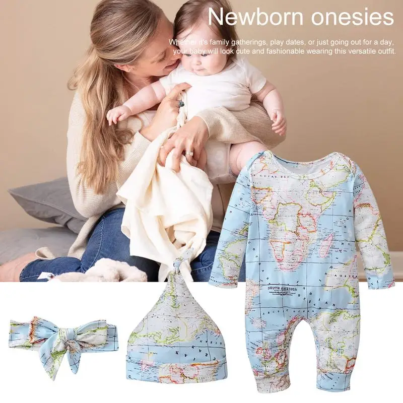 طقم بدلة جسم قطعة واحدة لحديثي الولادة ، ملابس للنساء ، طباعة خريطة العالم ، مريحة وعصرية ، ملابس ، حديثي الولادة
