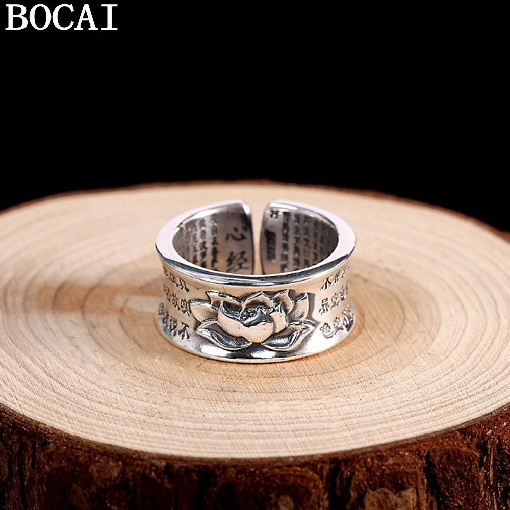 

BOCAI NEW S925 Pure Silver Retro Fashion Lotus Heart Scripture Open Ring