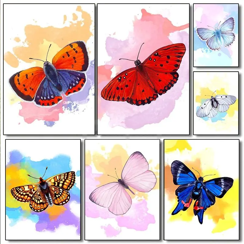 Watercolor Butterfly Illustrated Spring mood Poster Colorful Butterfly Canvas Painting Wall Art Pictures Home Room Modern Dec