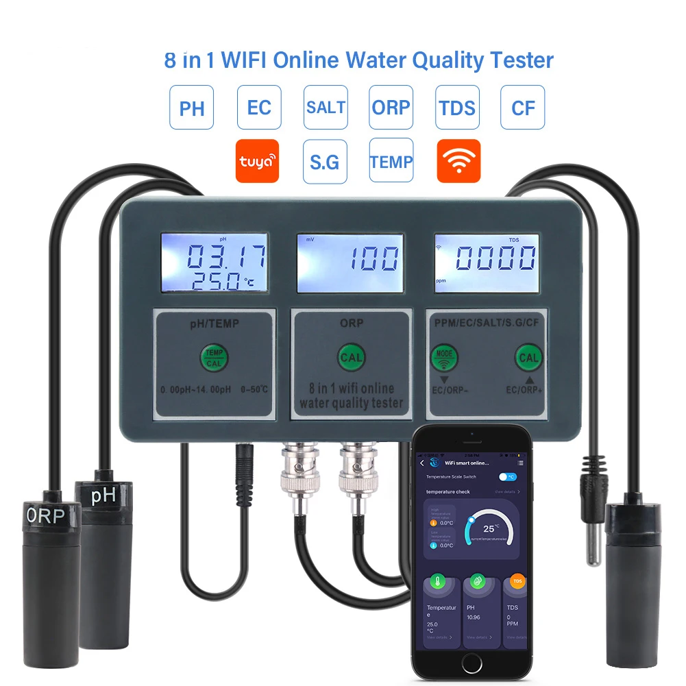 

Цифровой тестер качества воды 8 в 1, Wi-Fi, PH/TEMP/ORP/PPM/EC/Соль/S.G/CF, Измеритель Качества воды онлайн