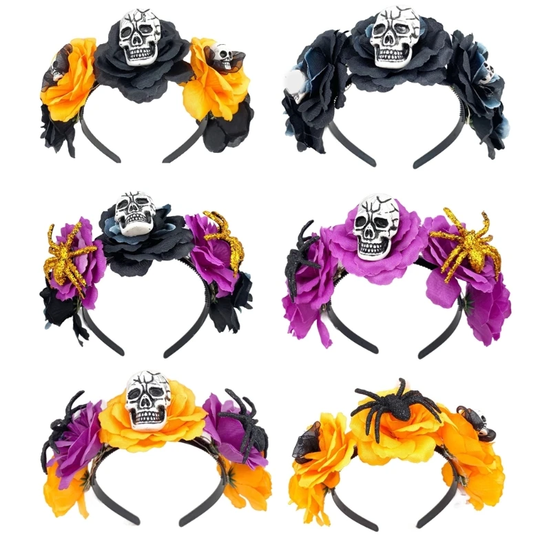 Girls LED Glowing Flower&Skull Hairband for Women Prom Party Ornaments