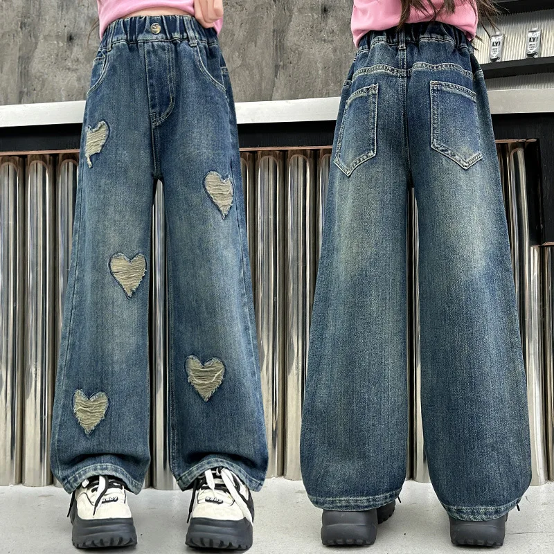 الفتيات أزياء الجينز الربيع والخريف الأطفال في سن المراهقة الحب هول مستقيم الدينيم السراويل الفتيات الرجعية فضفاض واسعة الساق السراويل #4