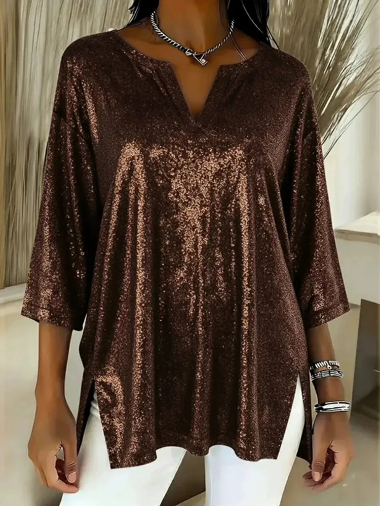 

Christmas Top V-neck Hoodie Comfortable and Casual Top Spring and Summer New Shiny Off Shoulder Sleeves Solid Color Top