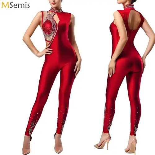 Leotardo de patinaje artístico para mujer, cuello simulado, malla transparente, Patchwork, sin mangas, recortado en la espalda, traje de baile, gimnasia, disfraz rítmico