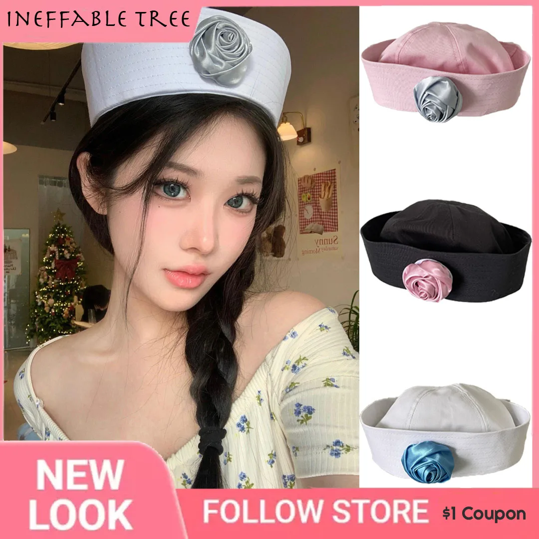 

Y2K 3D Rose Sweet Cute Sailor Caps for Women Spring Summer Niche Simple Flipped Brim Retro Versatile Dome Beret Hats Bonnet