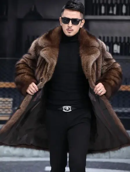 Men\'s thick long brown men\'s faux fur casual coat  winter warm coat