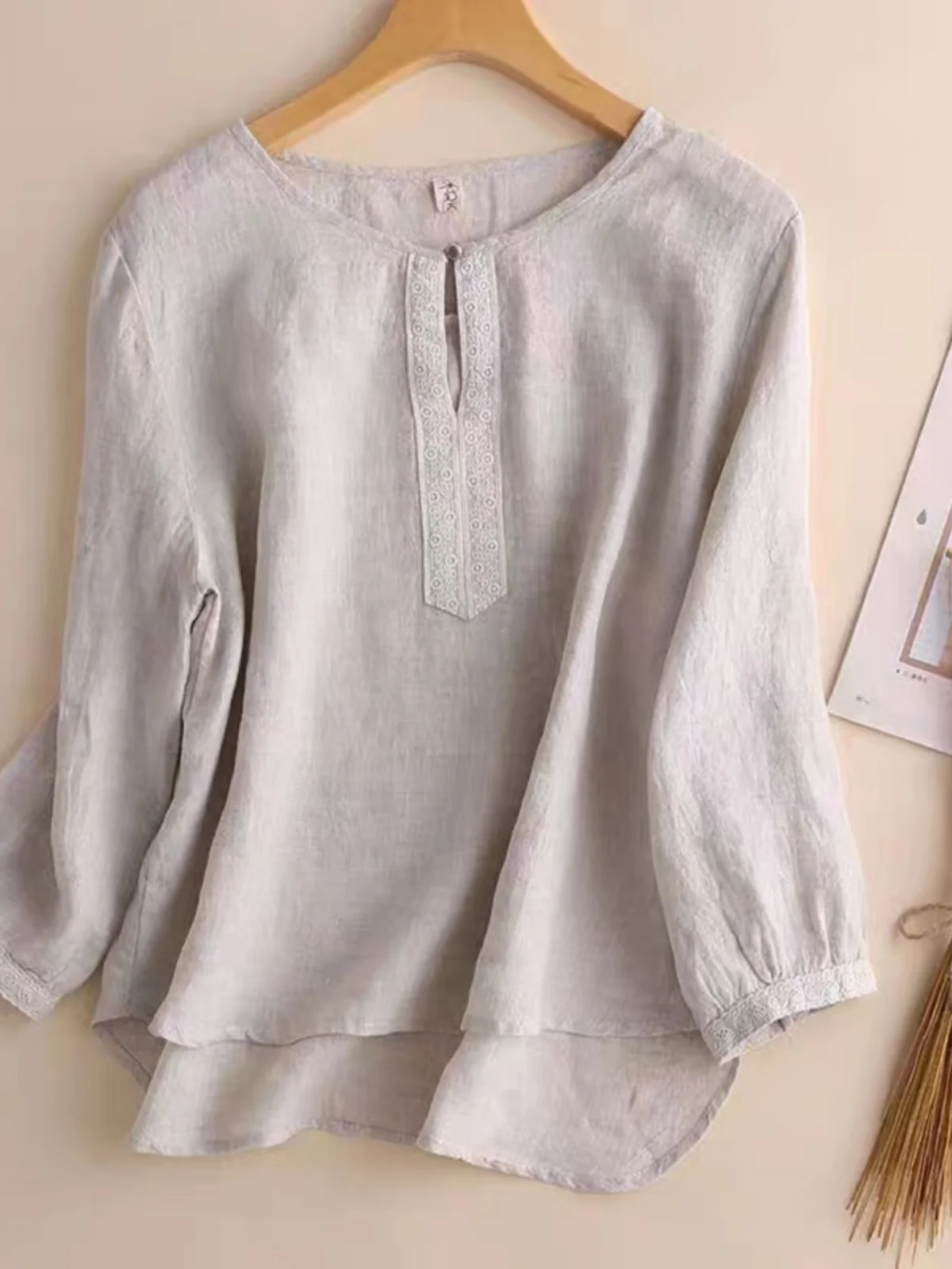 Csa Artística de Aodão e Linho para Mulheres, T-irt de Verão com Manga Nove, Top de Linho Solto com Detalhe de Botão, ...