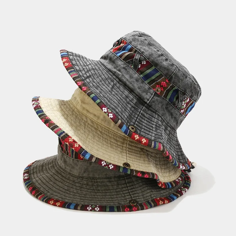 

New Fashion Men Women Cotton National Wind Beach Anti-Sun Panama Outdoor Travel Fisherman Hats Retro Print Bucket Hats