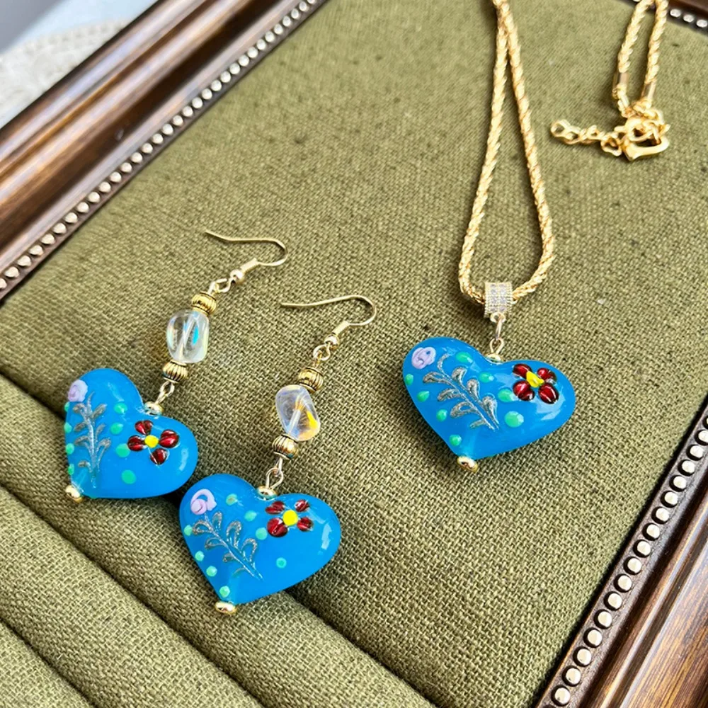 

Retro Craft Blue Yellow Coloured Glaze Love Pendant Necklace Heart Dangle Ear Hook Jewelry Set Glitter Stone Statement Jewerly