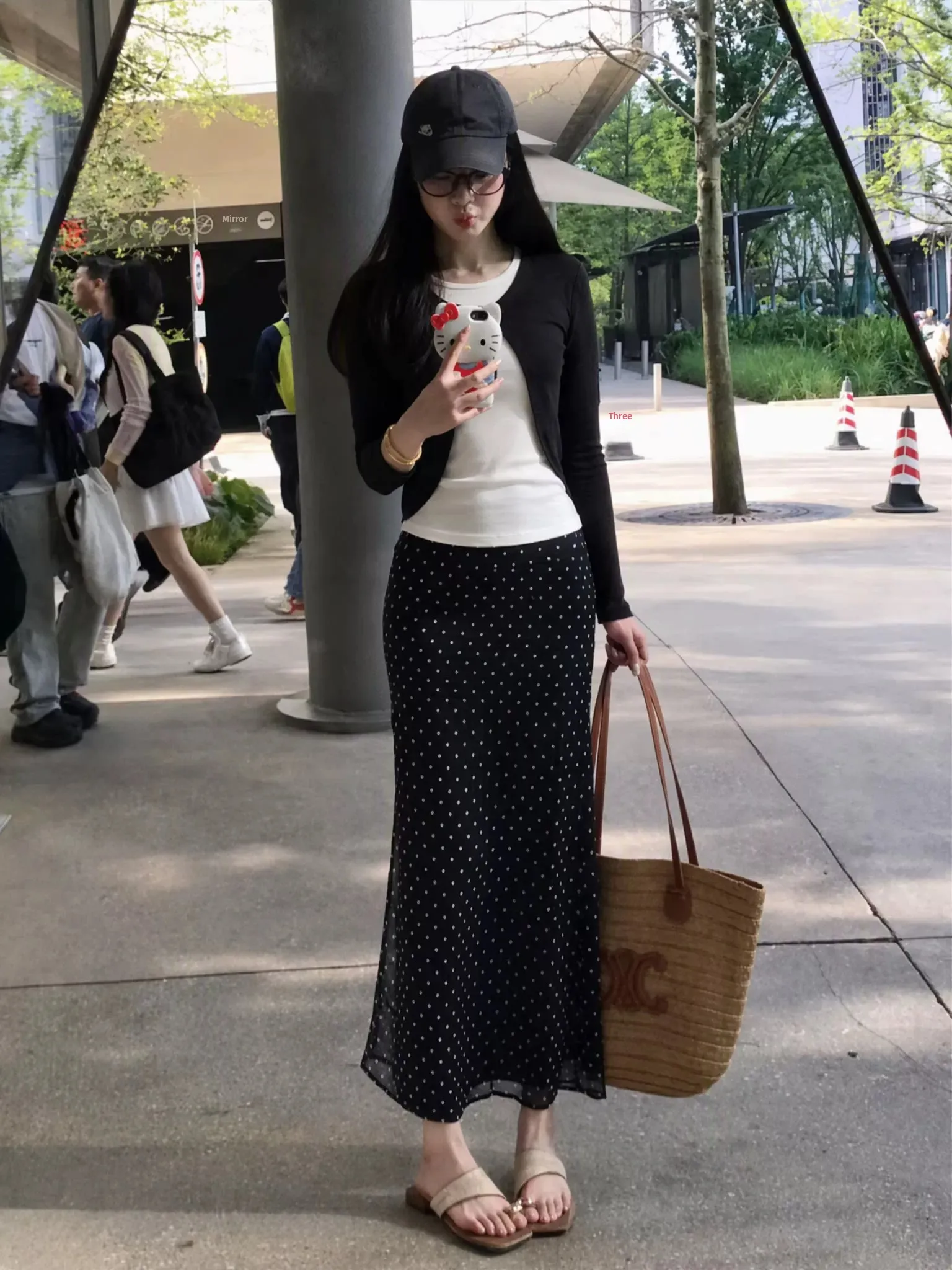 Black Polka Dot Halter Neck Midi Dress Set Women's Autumn Casual Style High Waist Fish Tail Two Piece Set Fashionable Ensemble