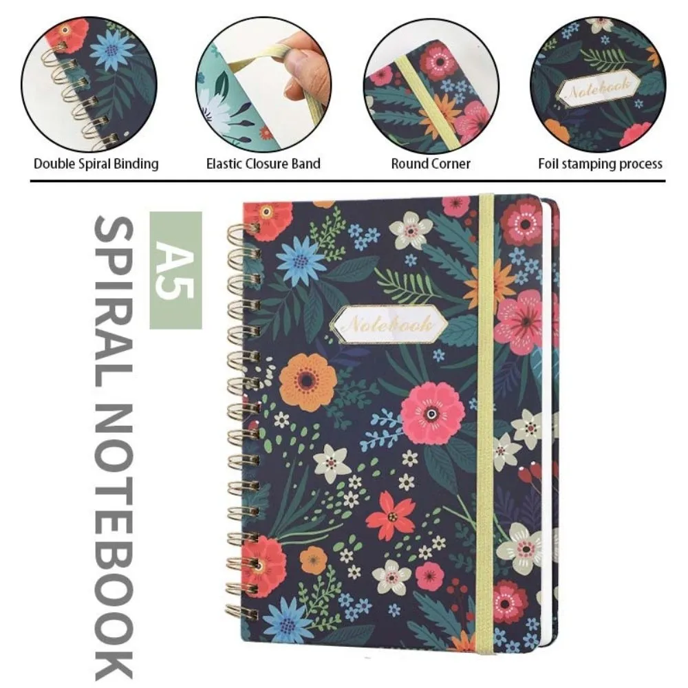 

A5 Spiral Notebook 5.7 X 8.5inch Cute Flowers Hardcover Spiral Diary Back Pockets Notepad Artfan Notebook Journal Women