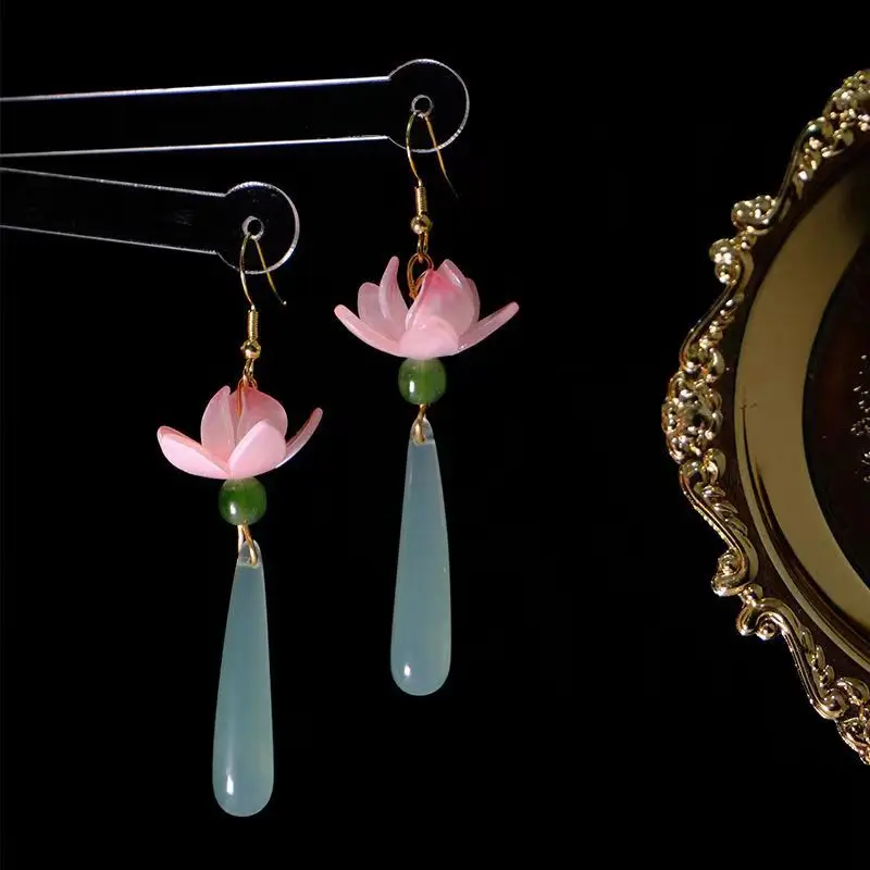2024 New Chinese Style Lotus Water Drop Pendent Long Delicate Tassel Dangle National Style Luxury Earring for Women Jewelry Gift