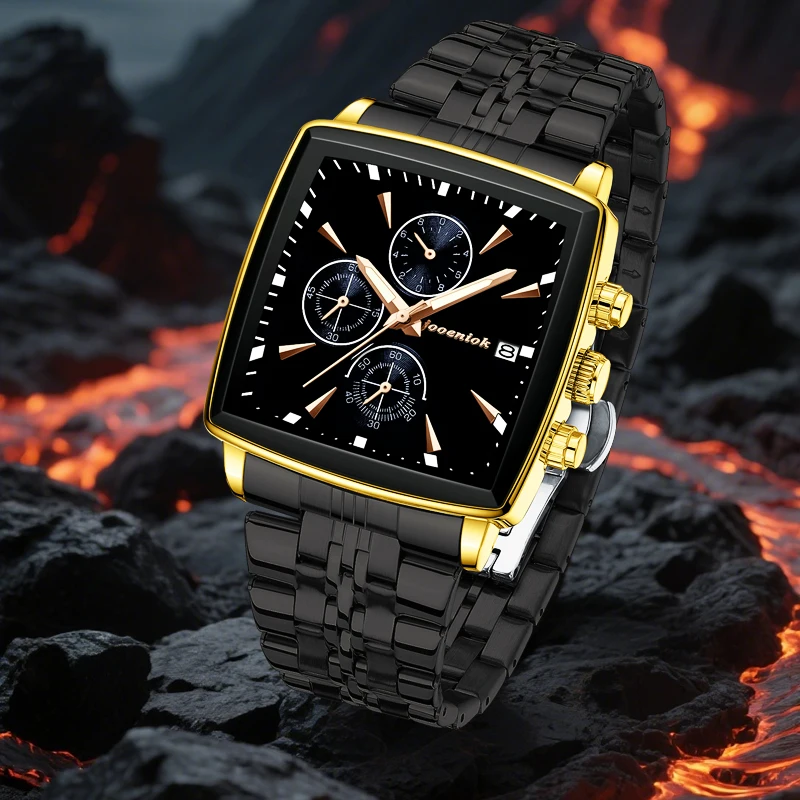 

2025 Square Men's Watch Business Waterproof Luminous Sports Quartz Watch Stainless Steel Strap Calendar Relogios Masculino+Box