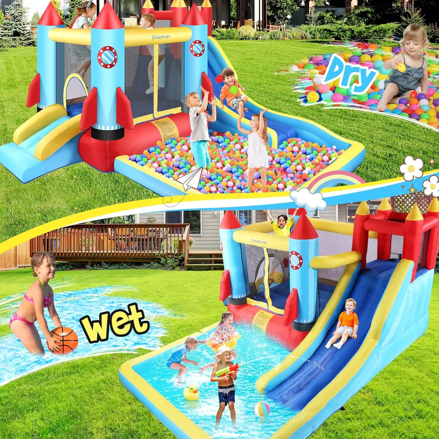 บ้านเด้งเป่าลมบ้านกระโดดและสาดบ้านเด้งสำหรับเด็กที่มีสระว่ายน้ำขนาดใหญ่และพื้นที่เด้งและสไลด์น้ำ2อันและกำแพงปีนเขา