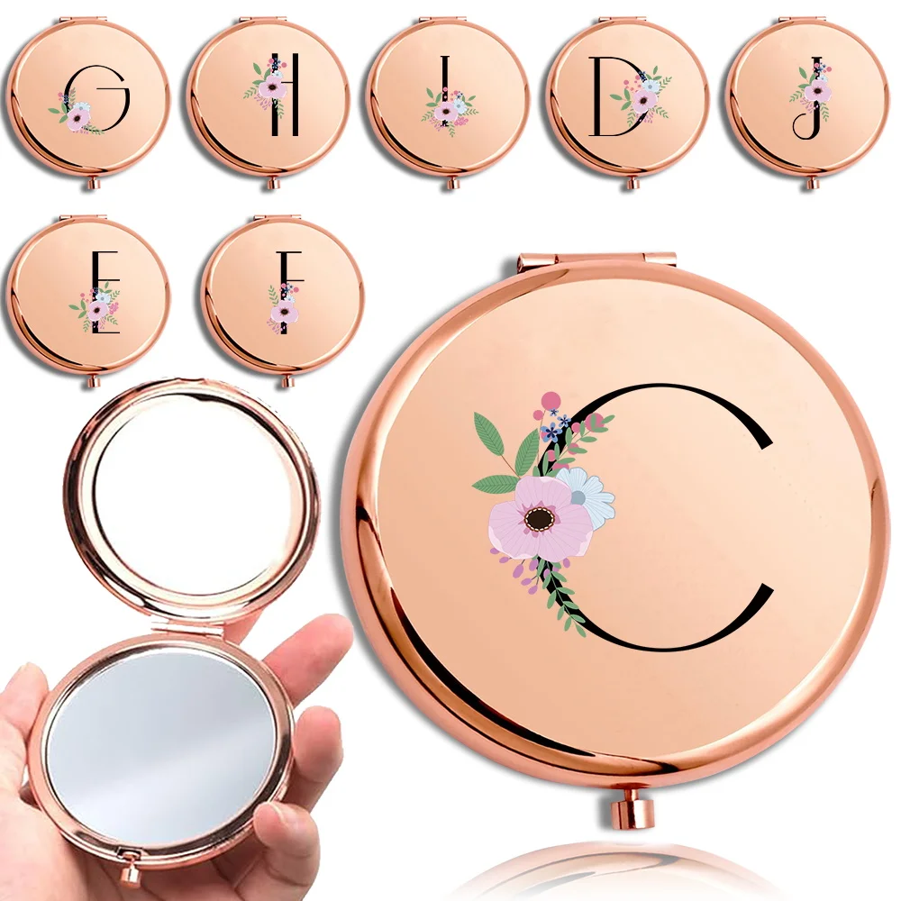 

Lady Cosmetic Facial Care Mirror Handheld Makeup Double Sided Look Glass Round Portable Mirror Flower and Black Letter Pattern