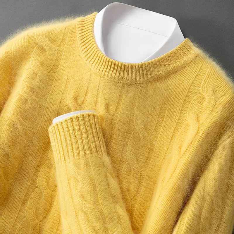 

Мужской свитер из 100% чистого кашемира, однотонный, с круглым вырезом, утолщенный вязаный трос, зимний теплый деловой повседневный вязаный пуловер