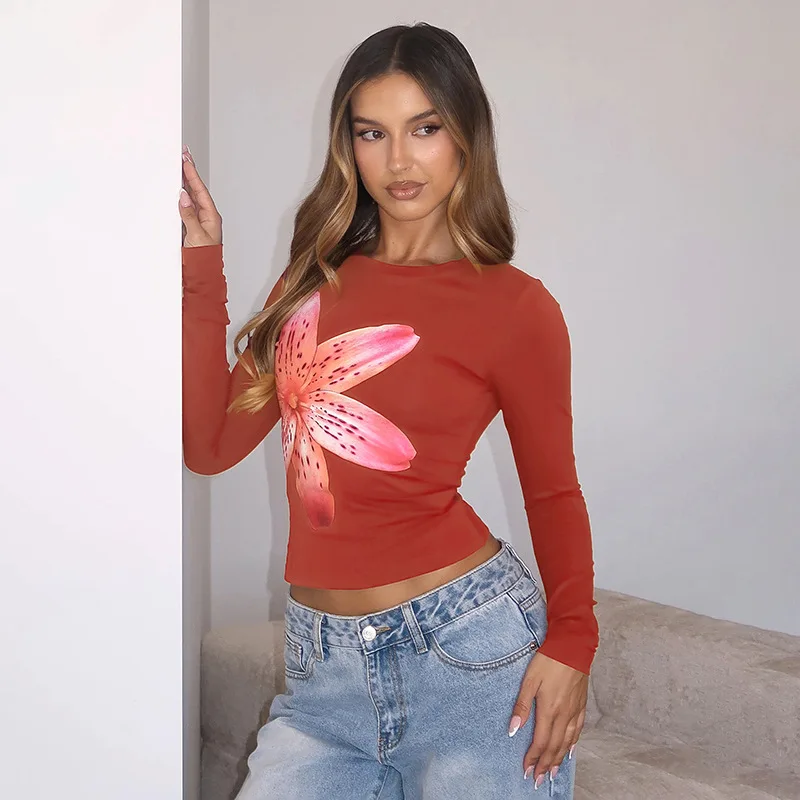 

Autumn New Style Ultra Long Sleeve Belly Baring Shirt Women's Floral Print round Neck Long Sleeve Overhead Top