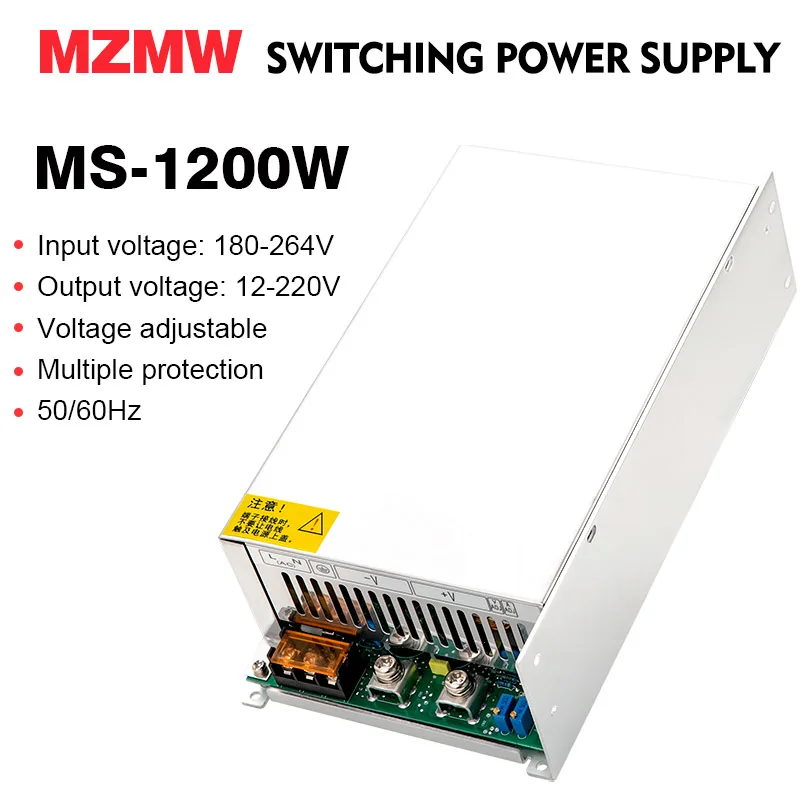 MZMW Switching Power Supply MS-1200W 180V-264V AC/DC 12V 15V 24V 36V 48v 60V 72V 80V 110V 150V 220V Voltage Adjustable SMPS