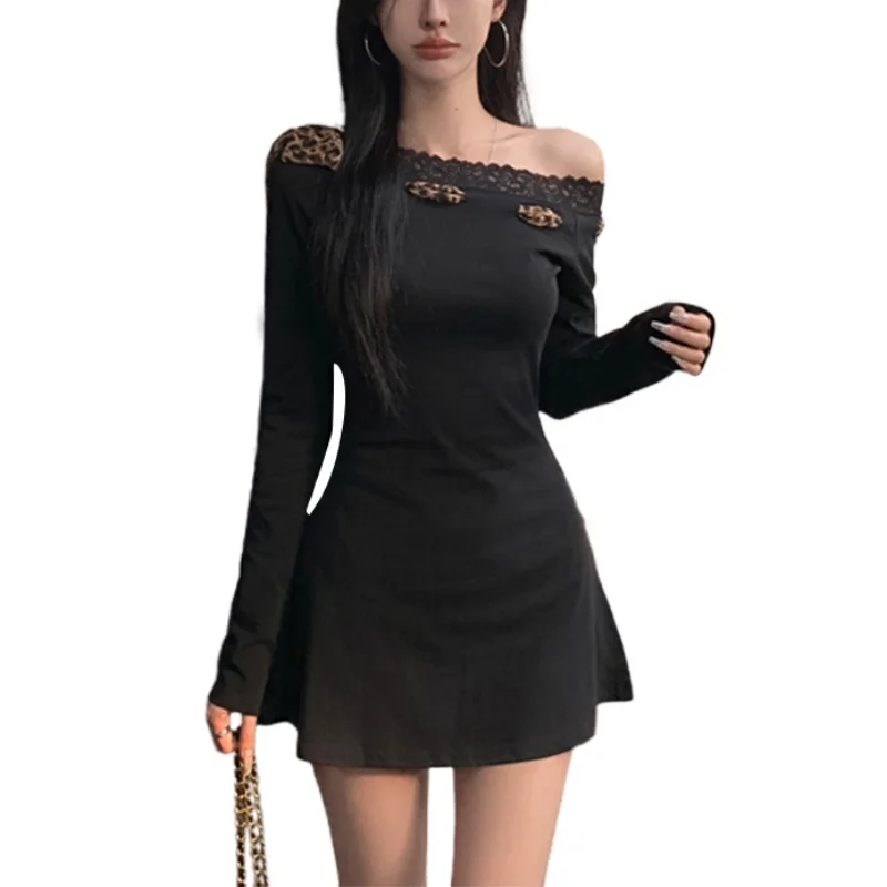 Sexy Dress Women y2k Clothes Leopard Print Lace Trim Off Shoulder Long Sleeve A Line Mini Dress Party Dresses Clubwear