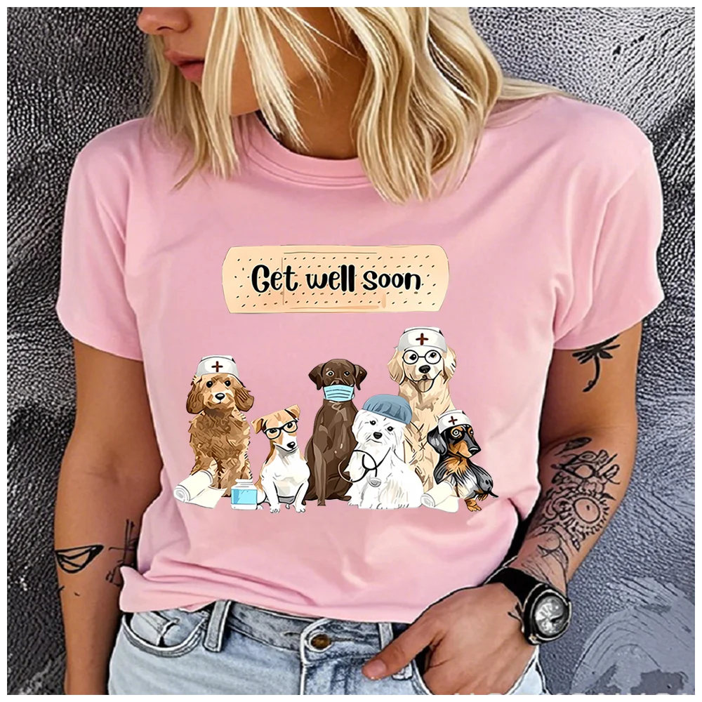 Cotton 100% Cute Nurse Dogs Get Well Soon Print Women T Shirt Casual Short Sleeve Round Neck Summer Tees Animal Lover Graphic