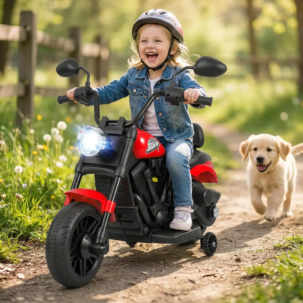 6V Kids Motorcycle With Headlight And Music And Training Wheels-Red