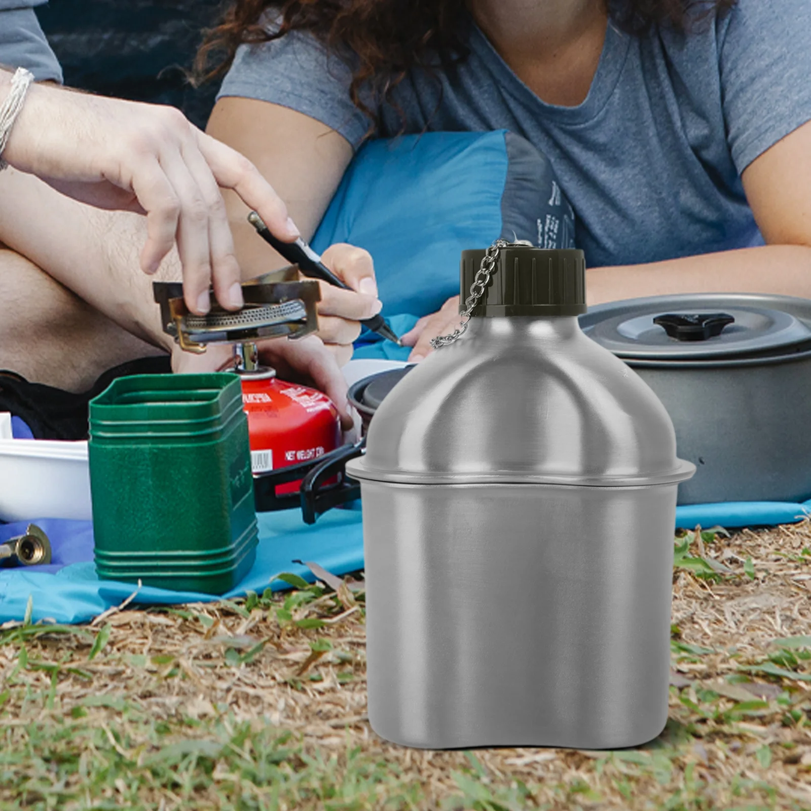مجموعة إبريق ماء من الألومنيوم سعة 0.98 لتر، مقصف سفر مدمج متين للتخييم والتنزه والتدريب، حاويات مياه رياضية قابلة لإعادة الاستخدام