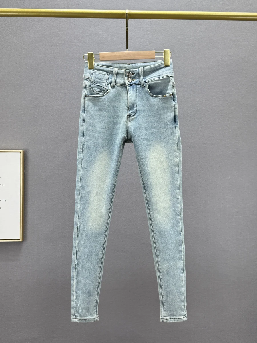 

Женские облегающие джинсовые брюки-карандаш с высокой талией, зимние, модные, с эластичным поясом, укороченные, повседневные