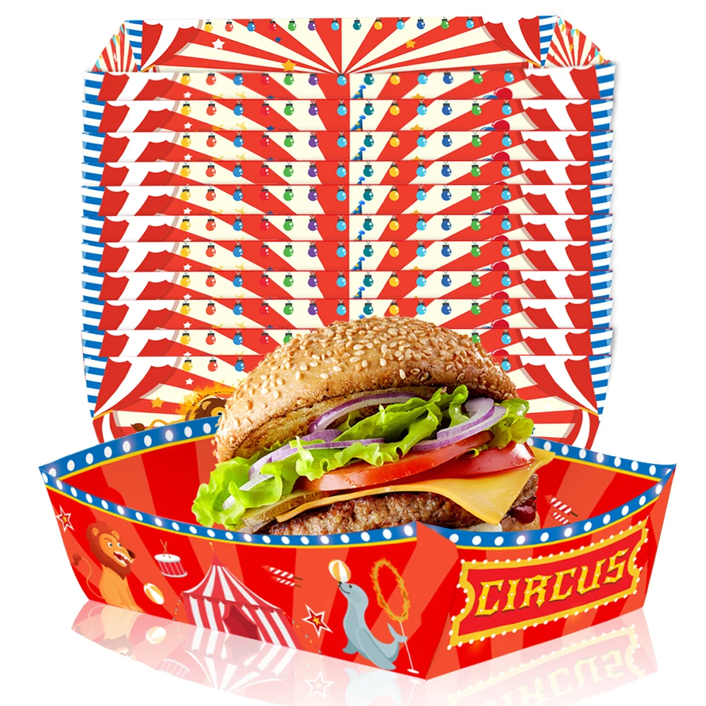 Plateaux alimentaires de cirque de carnaval, 8/12/24/40 pièces, décoration de fête de carnaval, plateaux de service alimentaire en papier jetables, fournitures de fête d'anniversaire