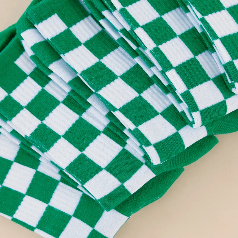 5 Pairs Of Four-Season Unisex Green And White Checkered/Striped Versatile Comfortable Casual Knee-High Socks
