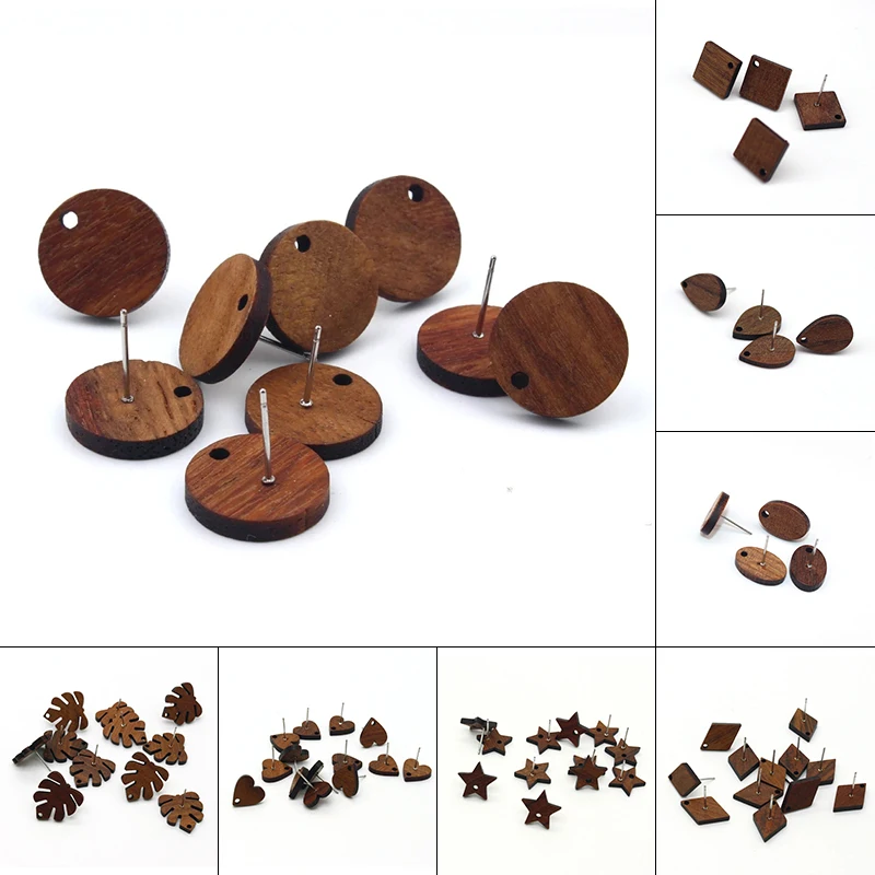 10pcs/lot Round Oval Drop Wood Earring Base Findings With Hole Geometric Rhombus Love Heart Earrings Connector Accessory