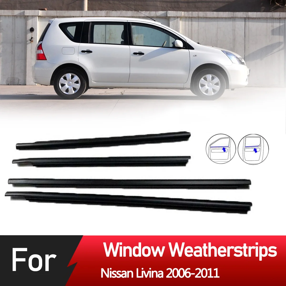 4PCS Outer Windows Rubber Weatherstrip Door Sealing Belt Moulding Trim For Nissan Livina 2006-2011