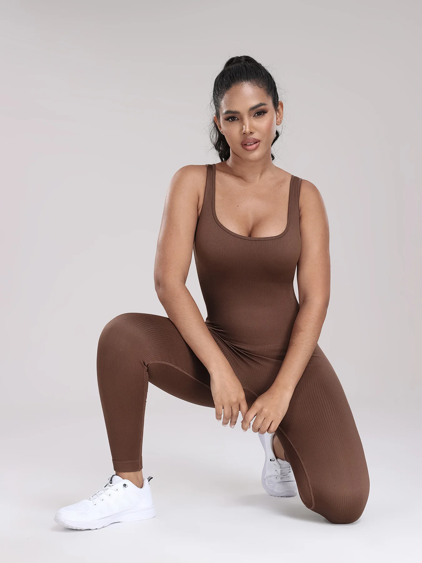 Women's Seamless Ribbed Square Neck Jumpsuits One Piece Yoga Workout Sleeveless Rompers Ladies Sexy Gym Fitness Tank Top Legging