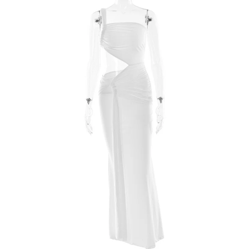 ヨーロッパとアメリカの夏向けワンショルダーバックレスチューブ新型レディースギャザーロングドレス