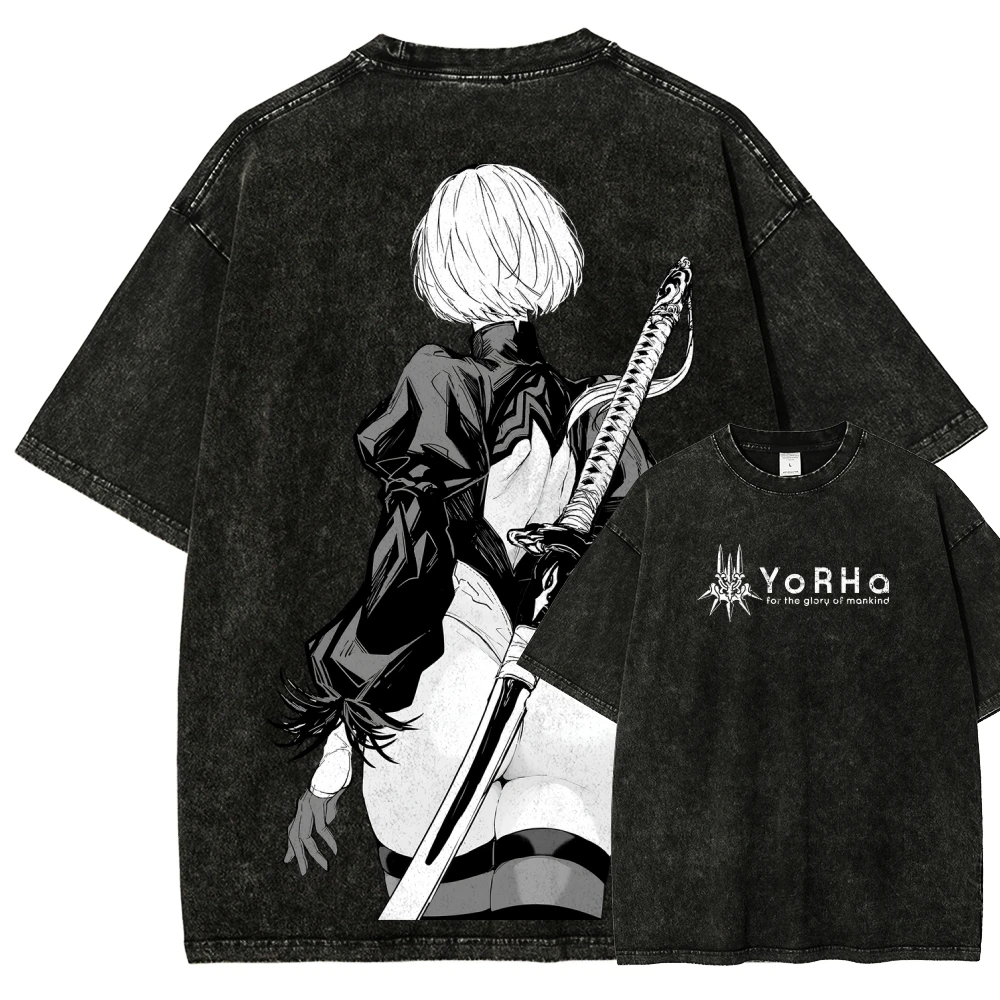 Nier Automata hot product New Model Washed T-shirt personality Clothes Retro Fashion Streetwear Trendy Couples Classic Harajuku