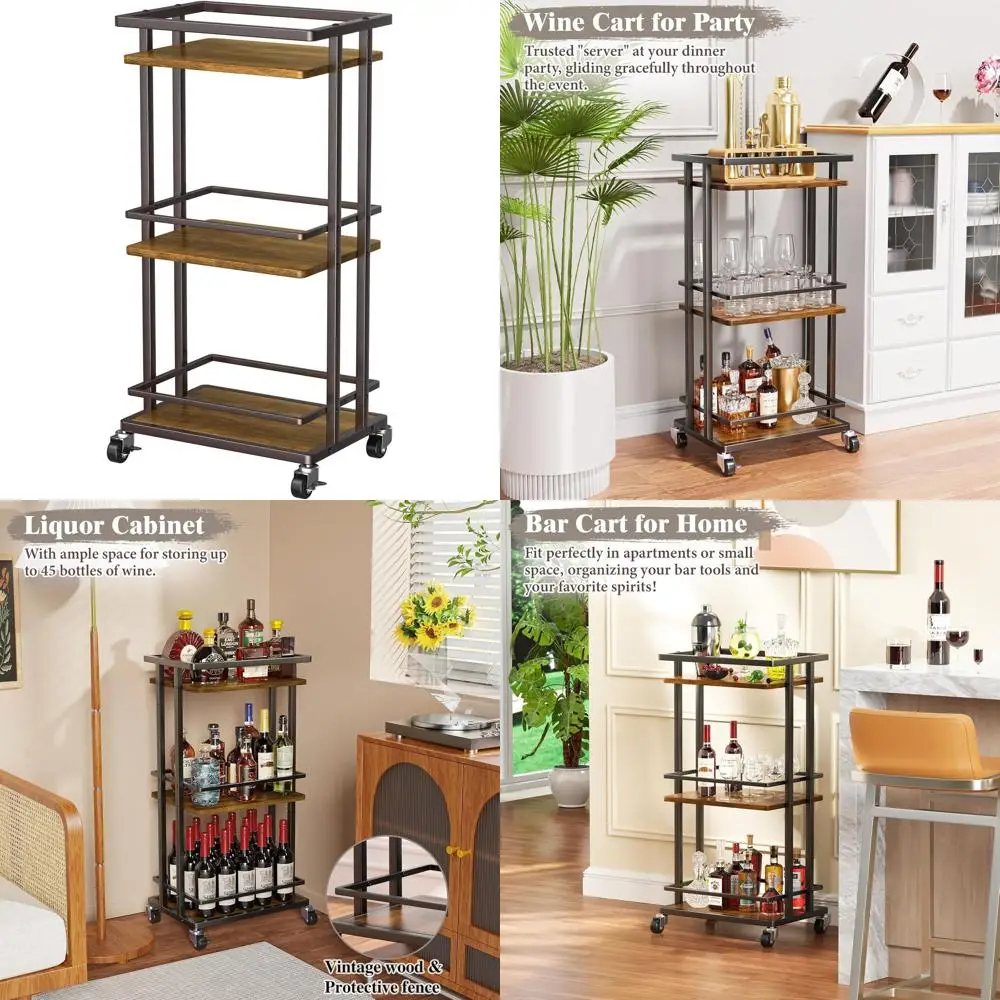 

Трехъярусная передвижная тележка-бар для дома с местом для хранения, идеально подходит для вина, напитков и вечеринок, коричневая