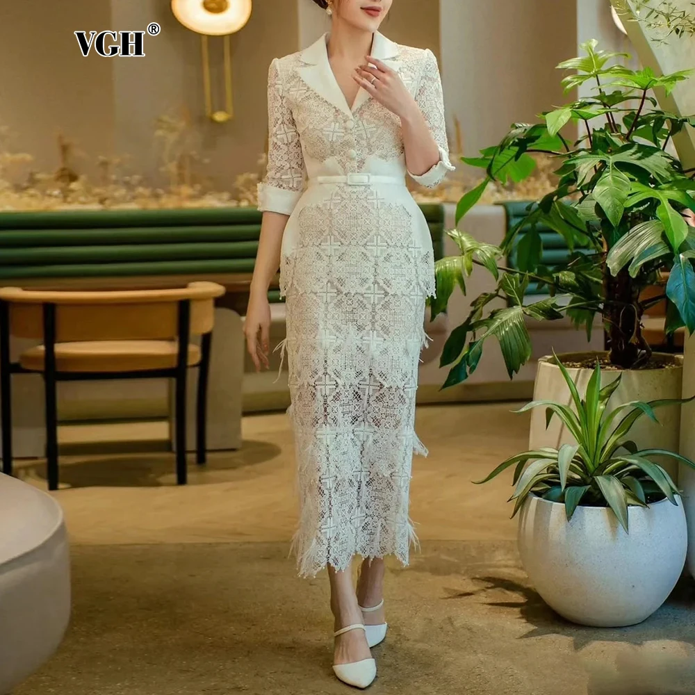 VGH Elegant Pantchwork Lace Dresses For Women Laple Half Sleeve High Waist Temperament Slimming Dress Female Fashion Clothing