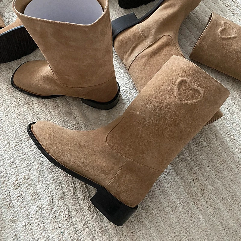 

Women's Camel Suede Knee High Boots Fashionable Square Toe Block Heel Boots Heart Embroidery Sweet Versatile Autumn Winter Boots