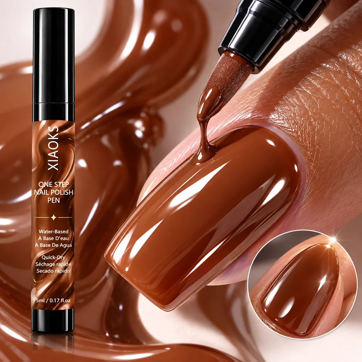 Xiaoks Mocha Brown One-Step Nail Art Pen, Mirror-Like Effect, No Need to Bake or Use a Light, Quick Film Formation, Safe Formula, Beginner-Friendly, Full Coverage with One Stroke, Smooth and Even Color Application, Long-Lasting Color Retention, Brightens Complexion, Waterproof and Wear-Resistant, Scratch-Resistant, Not Easy to Peel Off, Suitable for Home DIY Nail Art and Salon Nail Art, Suitable for Various Occasions Such as Festivals, Commuting, Dating, and More, Versatile for Daily Use, a Great Gift Option.