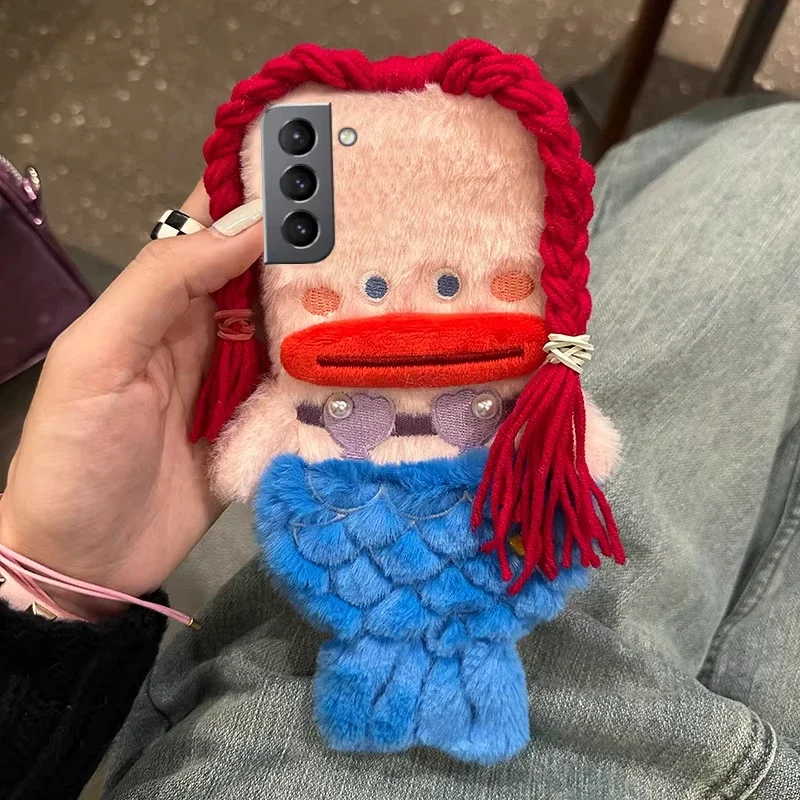Phone Case for Samsung Galaxy A73 A72 A52 A35 A55 A54 A51 A12 5G Plush Cute Mermaid Girls Gift Fluffy Long  braid Hair Fur Cover