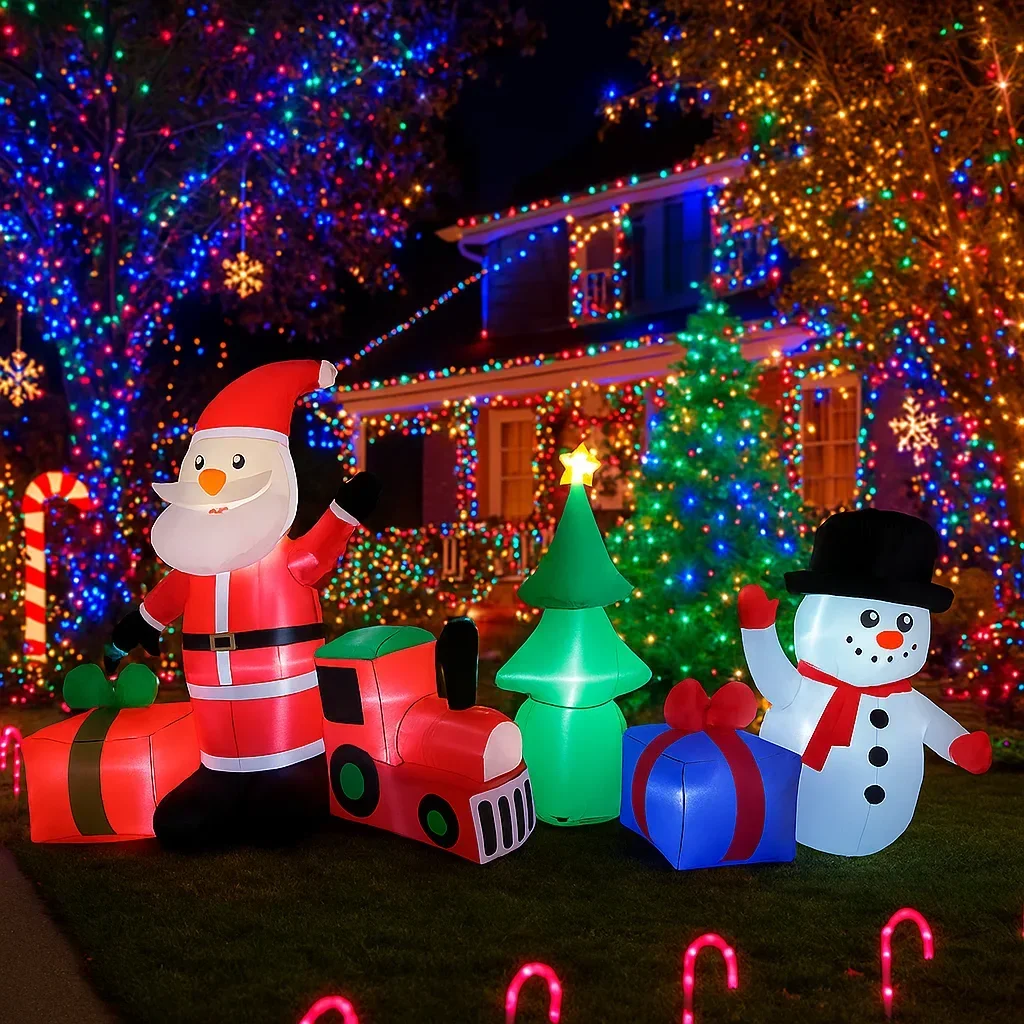 2,7 M/8,8 pies inflable Santa Claus muñeco de nieve tren luces de regalo LED decoración del hogar juguetes patio adornos de Navidad decoración de iluminación de vacaciones
