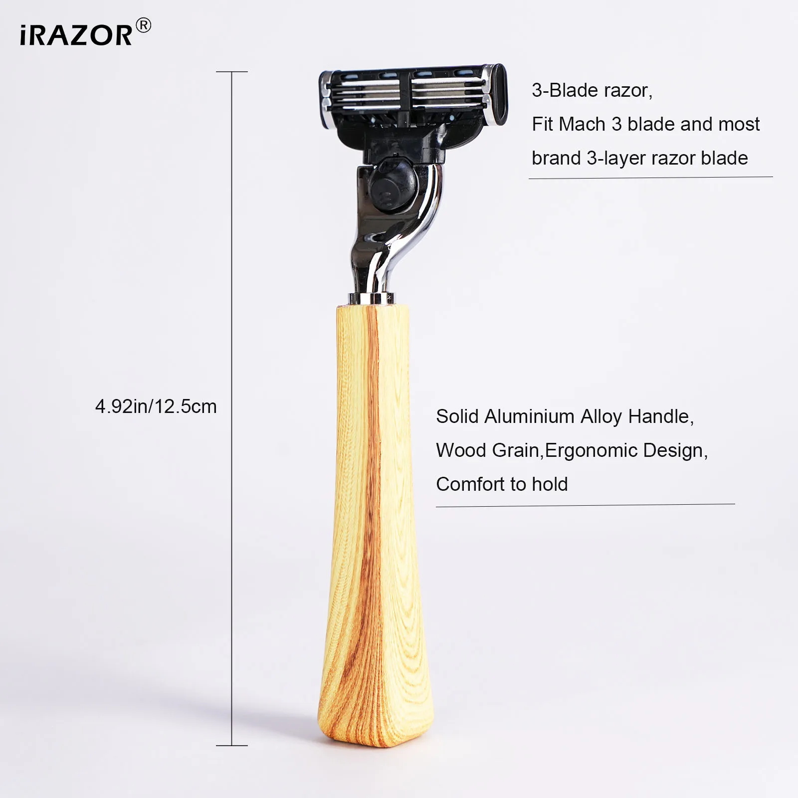 IRAZOR Men's Manual 3-Blade Razor Compatible with Mach 3 Blade Refills Aluminium Alloy Wood Grain Handle Ideal Gift for Grooming