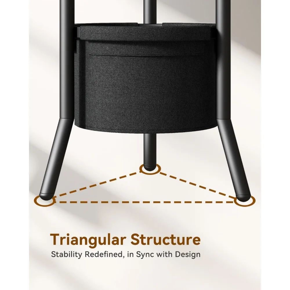 رف معطف قائم بذاته مع 3 أرفف خشبية وتخزين سلة قماشية، شجرة قاعة بإطار معدني