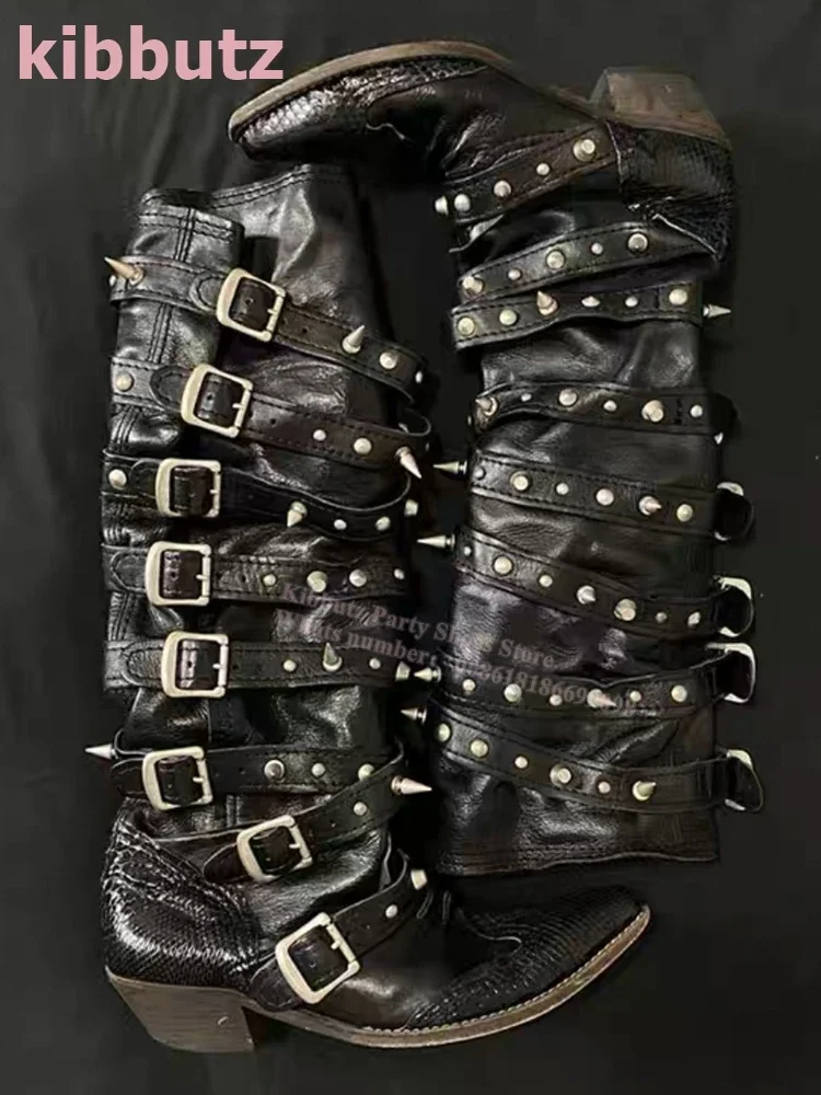 المسامير الشرير الصخرة الأحذية الركبة عالية الجلود بلون موضة أنيقة مثير موجزة الجدة الفاخرة حزام مشبك حار الفتيات الأحذية
