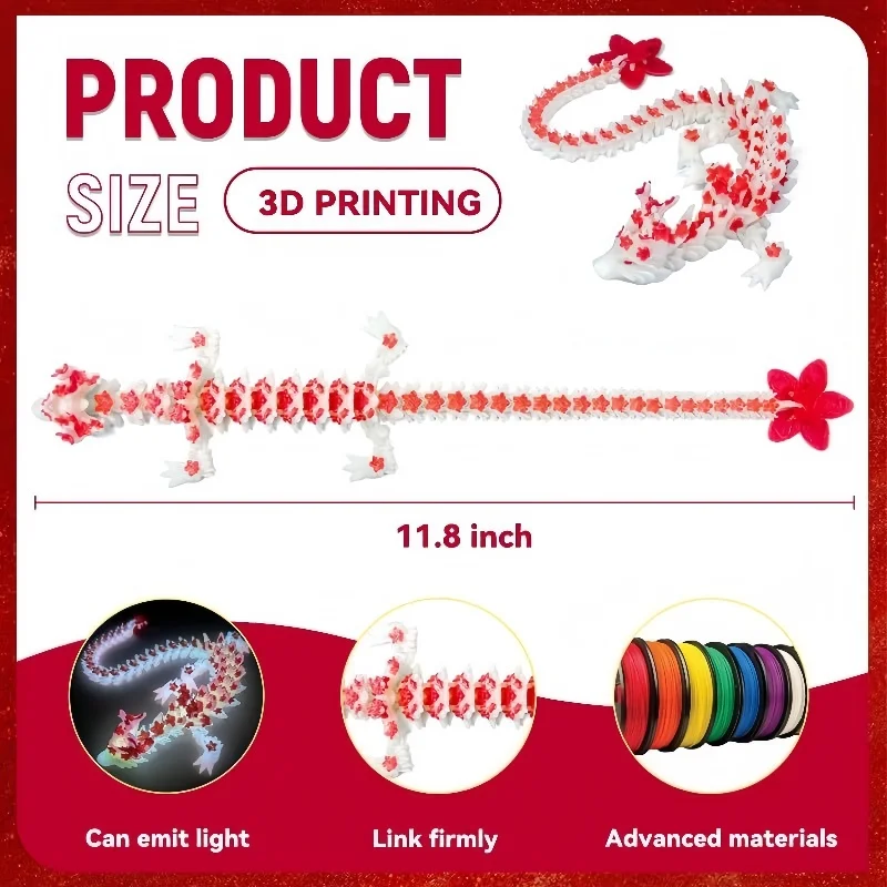 3D Printed Chinese Loong Articulated Dragon Fidget Toy Luminous Cherry Blossom Flexible Desk Decor Birthday Gift for Boys