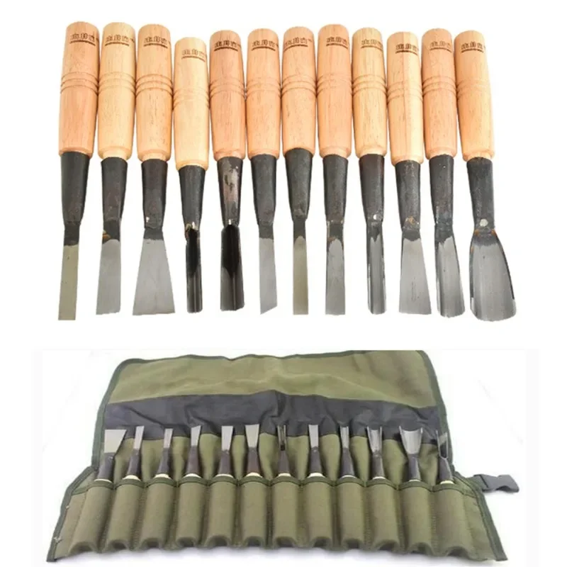 12pcs Wood Carving Chisels with Bag Woodworking Half Round Chisel Set for Basic Wood Cut DIY Detailed Professional Hand Tools