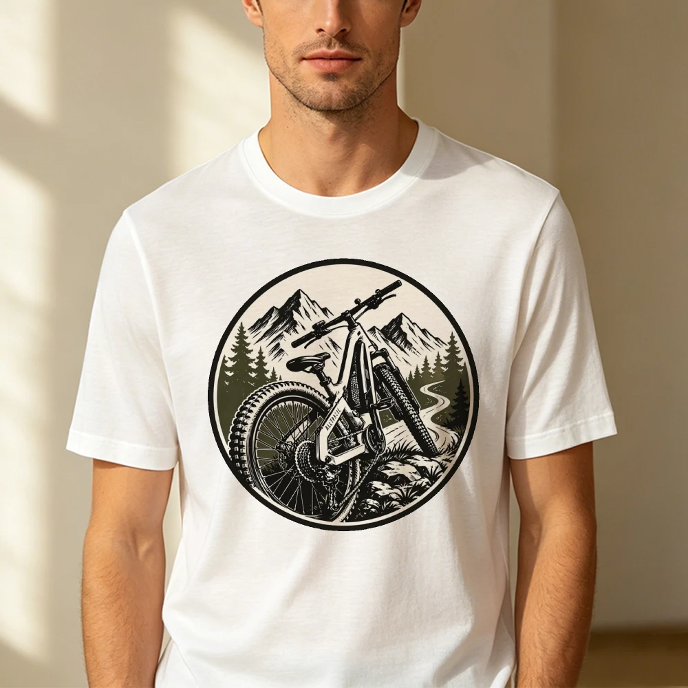 Mountain Trail Mountain Bike Circular Graphic Men Summer T Shirt Mountain Biking Nature Monochrome Short Sleeve Garment