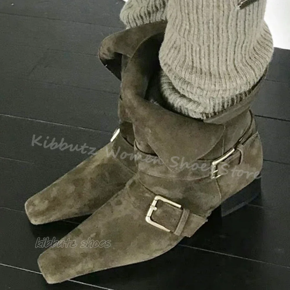 

Suede Ankle Boots Pleated Vintage Cowboy Solid Color Belt Buckle Slip-On Fashion Elegant Concise Winter Party Women Shoes Newest