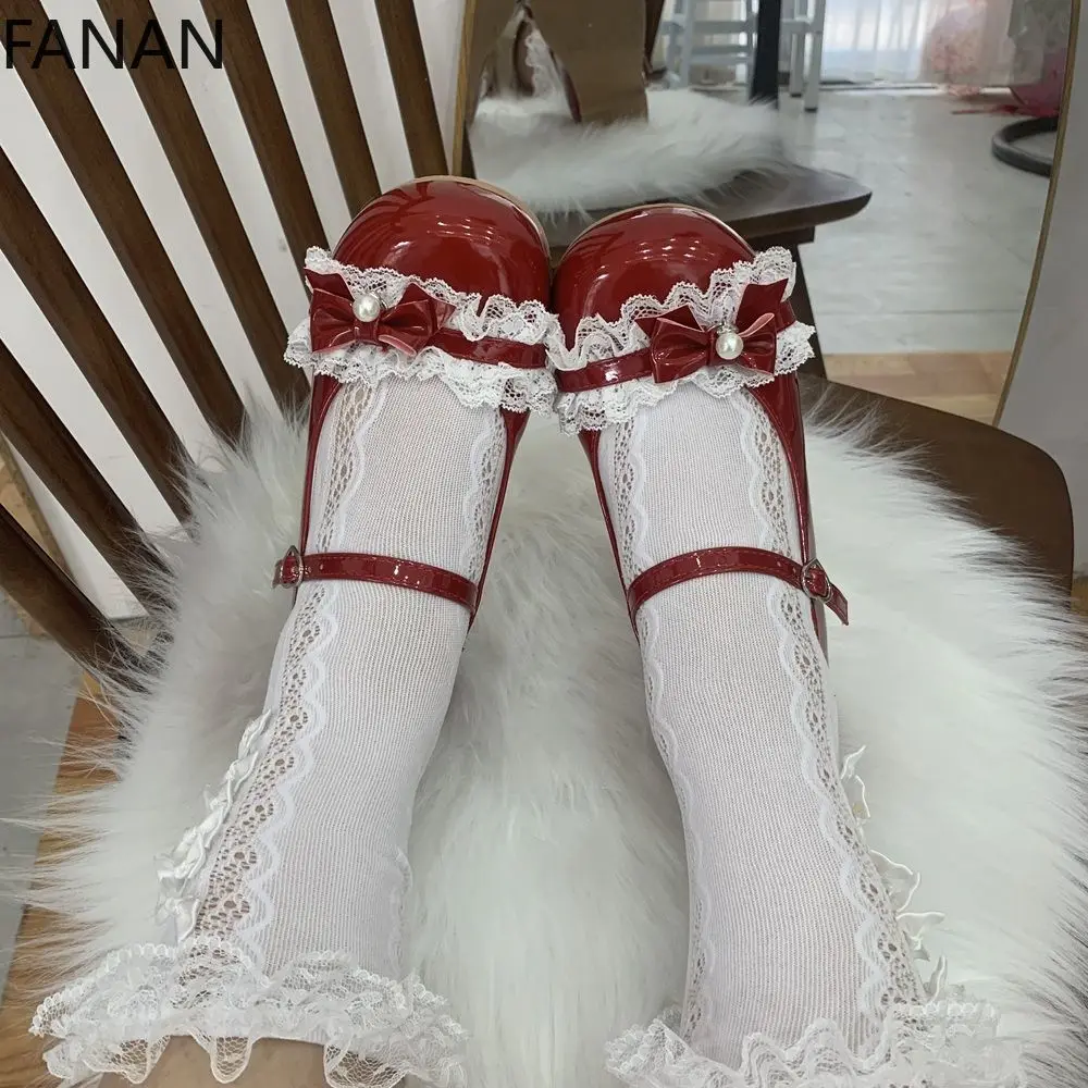 Kawaii Flats Women's Shoes Lolita Cute Sweet High Heel Pink Shoes Japanese Velcro Mary Jane Shoes Pumps Sandals