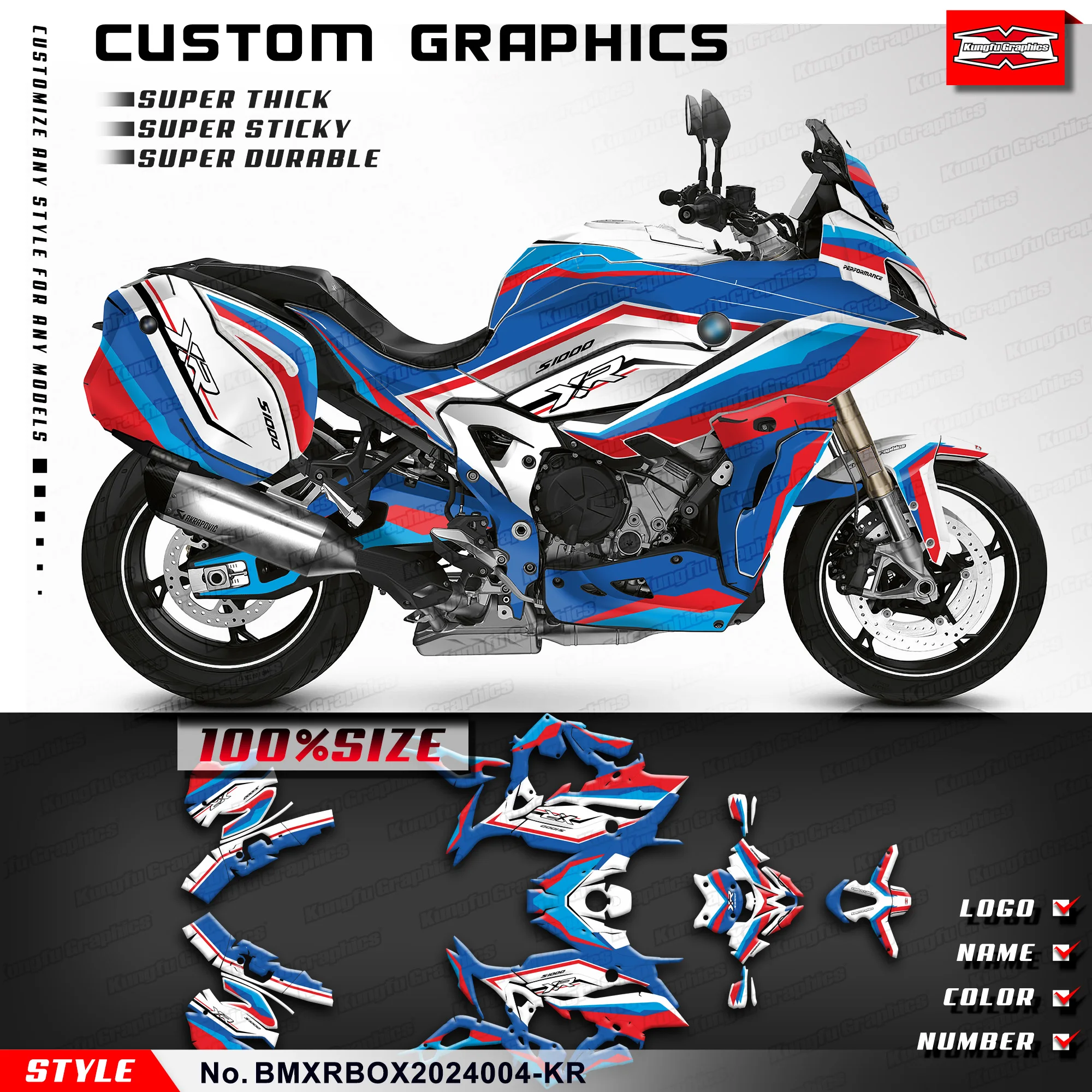 KUNGFU GRAPHICS Custom Stickers Complete Wrap Kit for BMW S 1000 XR S1000XR 2020 2021 2022 2023 2024, Blue White Red