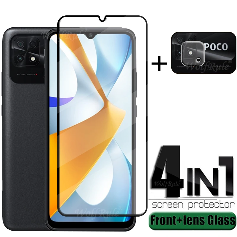 

4-in-1 For POCO C40 Glass For POCO C40 Tempered Glass HD 9H Full Cover Glue Screen Protector For Xiaomi POCO C31 C40 Lens Glass